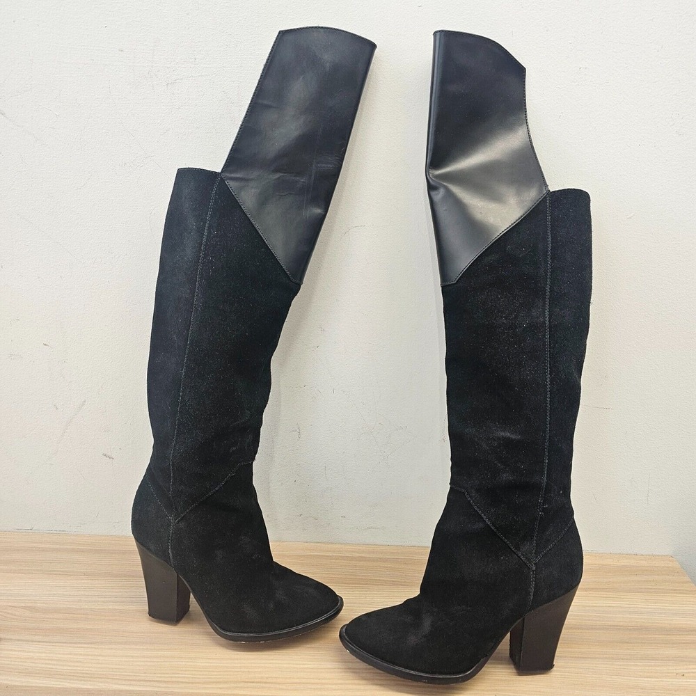 MAJE‎ Edgy Over The Knee Boots Womens 6.5 Black Suede Leather Rock Chic Giuliana
